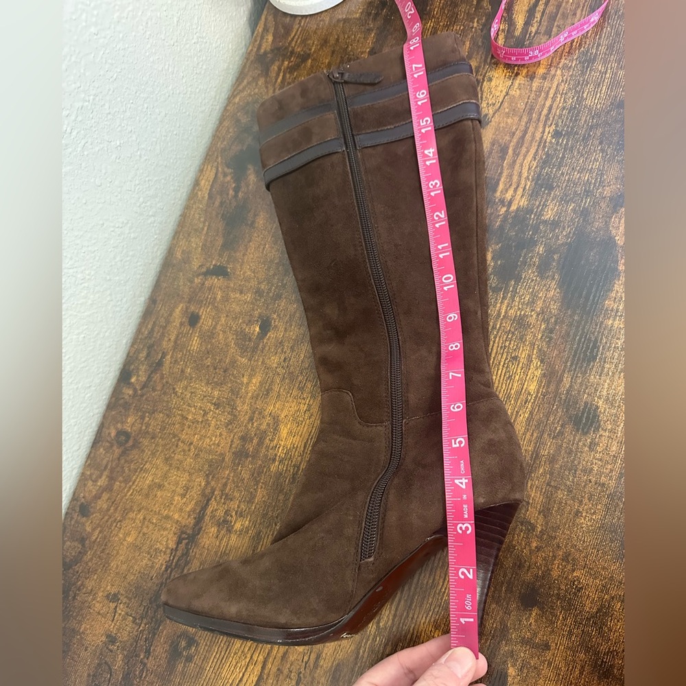 Cole Haan Dark Brown Suede Knee-High Heeled Boots with Gold Buckle - Picture 15 of 16